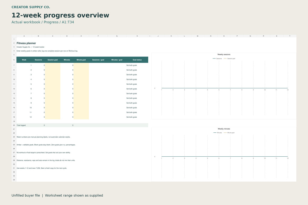 Progress worksheet from Fitness Planner, showing A1:T34. Full progress area and two blank charts; no example workout data.