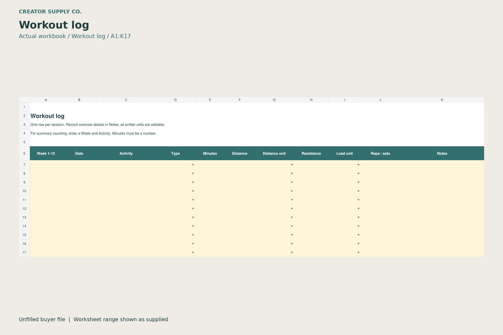 Workout log worksheet from Fitness Planner, showing A1:K17. First 11 blank entry rows