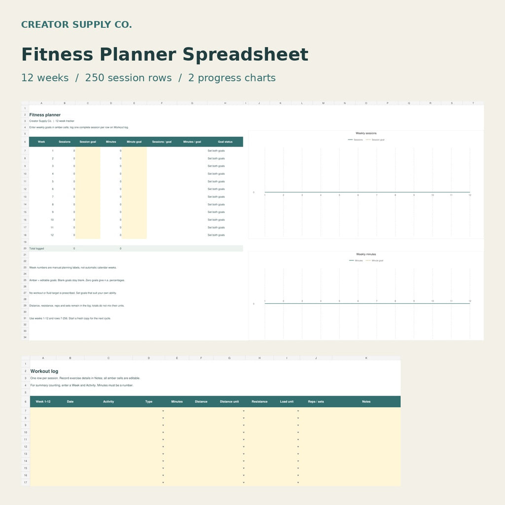 Fitness Planner Spreadsheet – spreadsheet preview