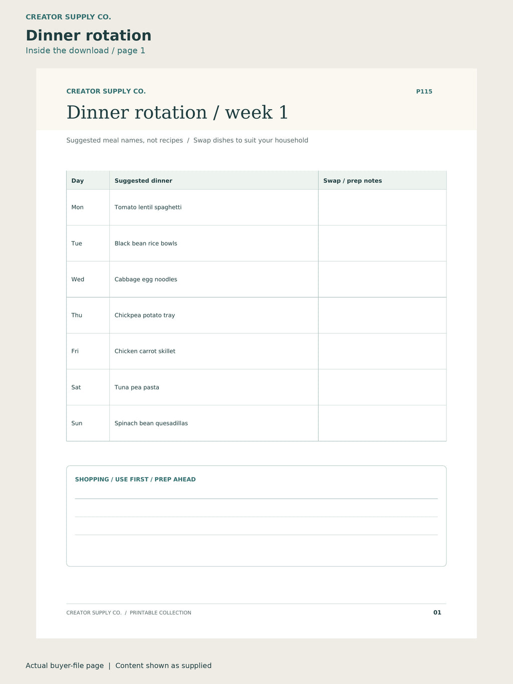 Page 1 from Family Dinner Rotation Planner, showing Dinner rotation.