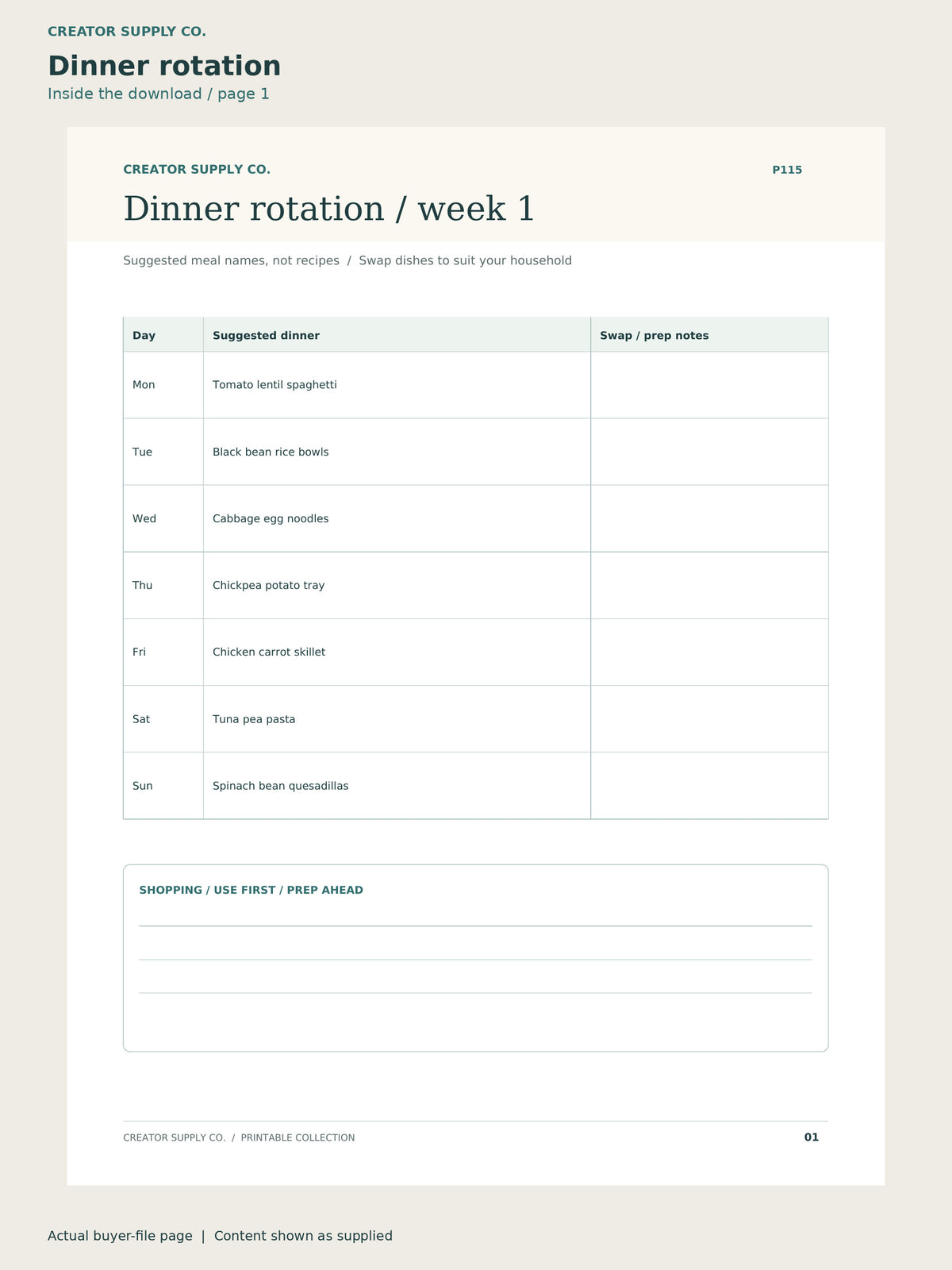 Page 1 from Family Dinner Rotation Planner, showing Dinner rotation.