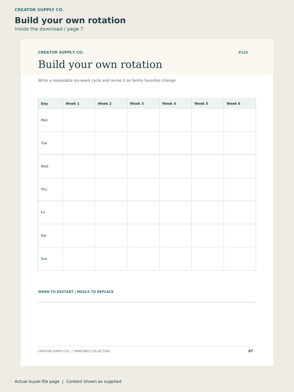 Page 7 from Family Dinner Rotation Planner, showing Build your own rotation.