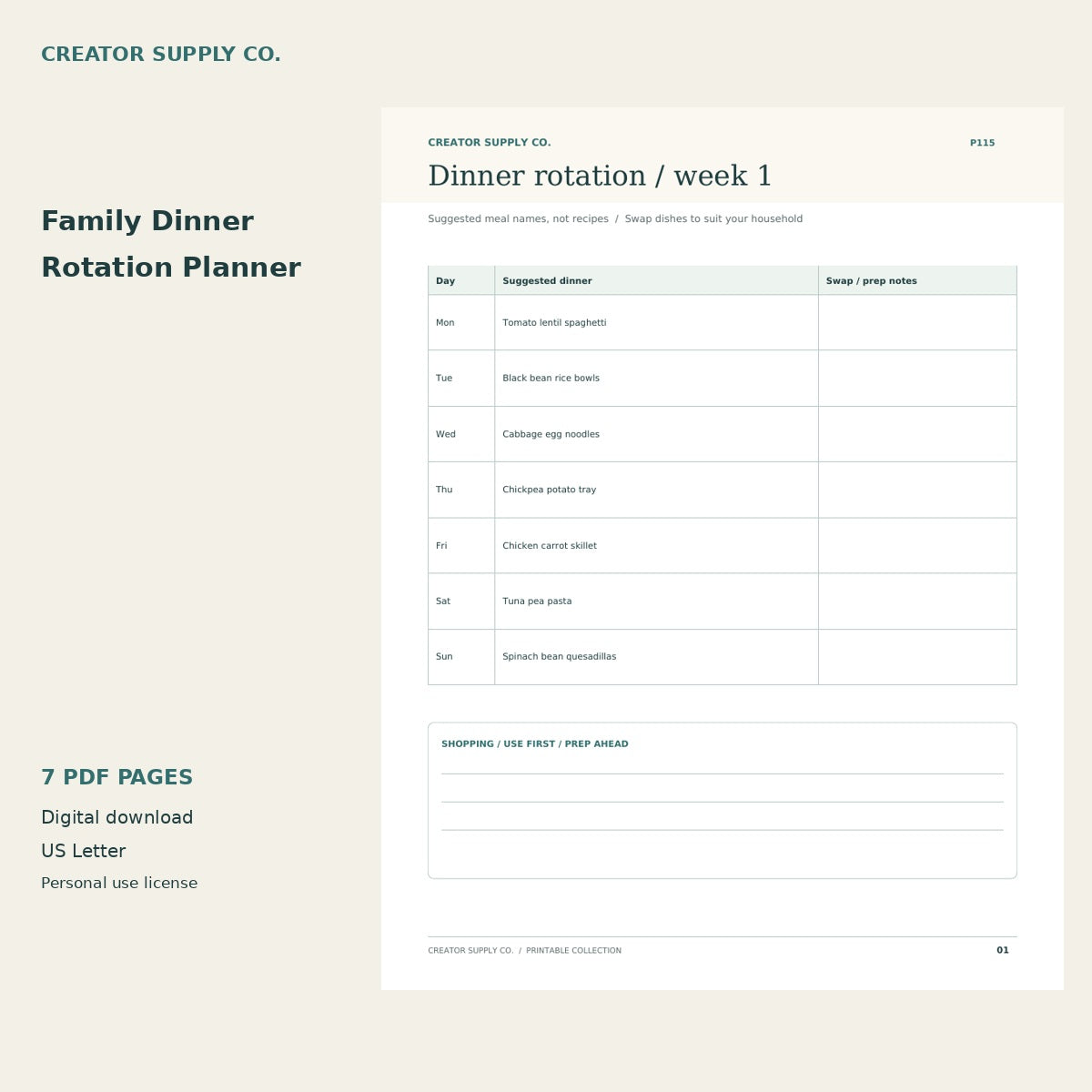 Family Dinner Rotation Planner – printable PDF pages preview
