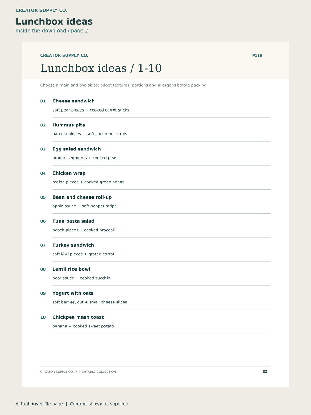 Page 2 from Kids Lunchbox Ideas & Planner, showing Lunchbox ideas.