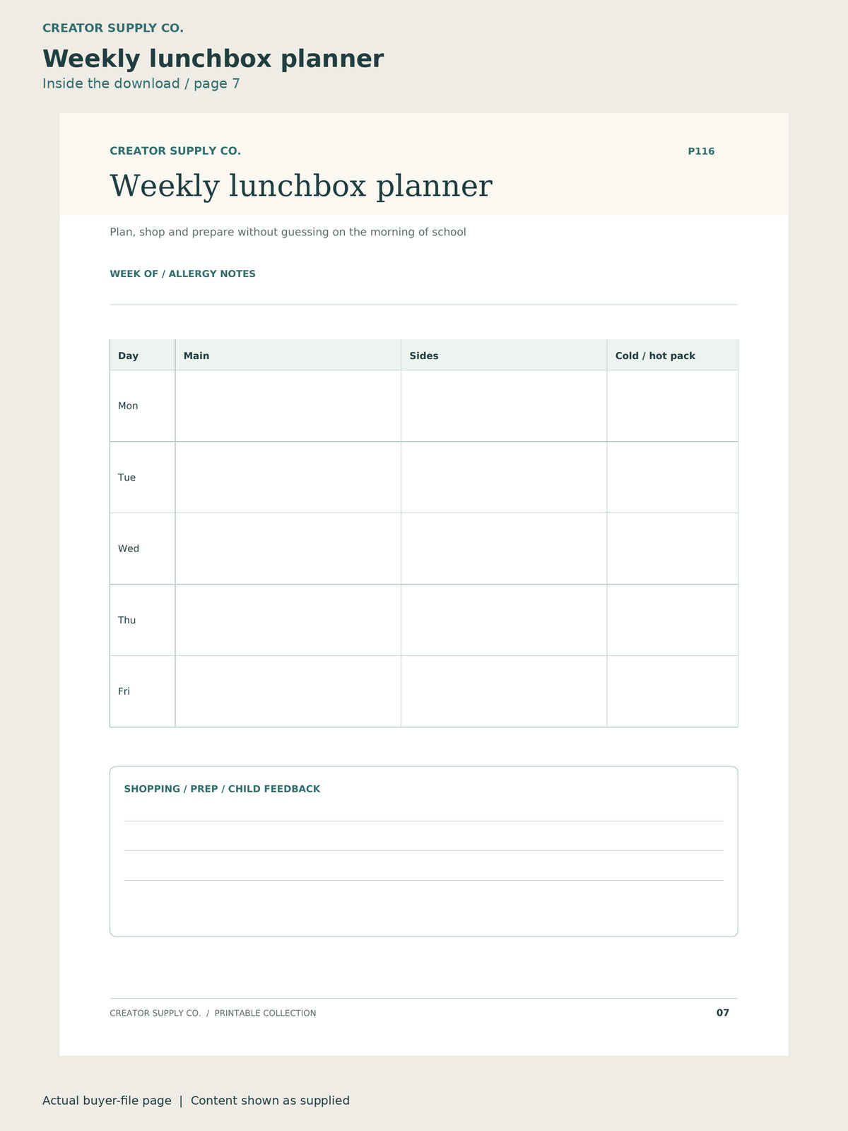 Page 7 from Kids Lunchbox Ideas & Planner, showing Weekly lunchbox planner.