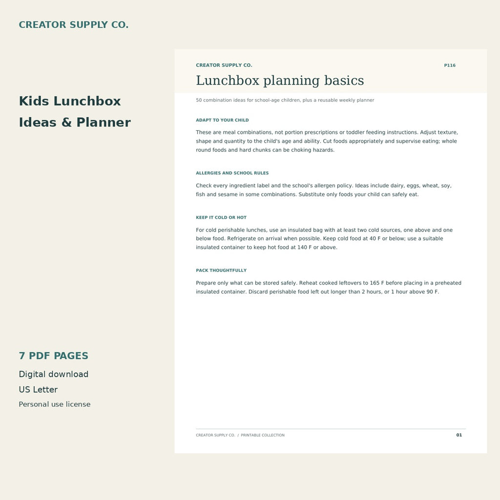 Kids Lunchbox Ideas & Planner – printable PDF pages preview