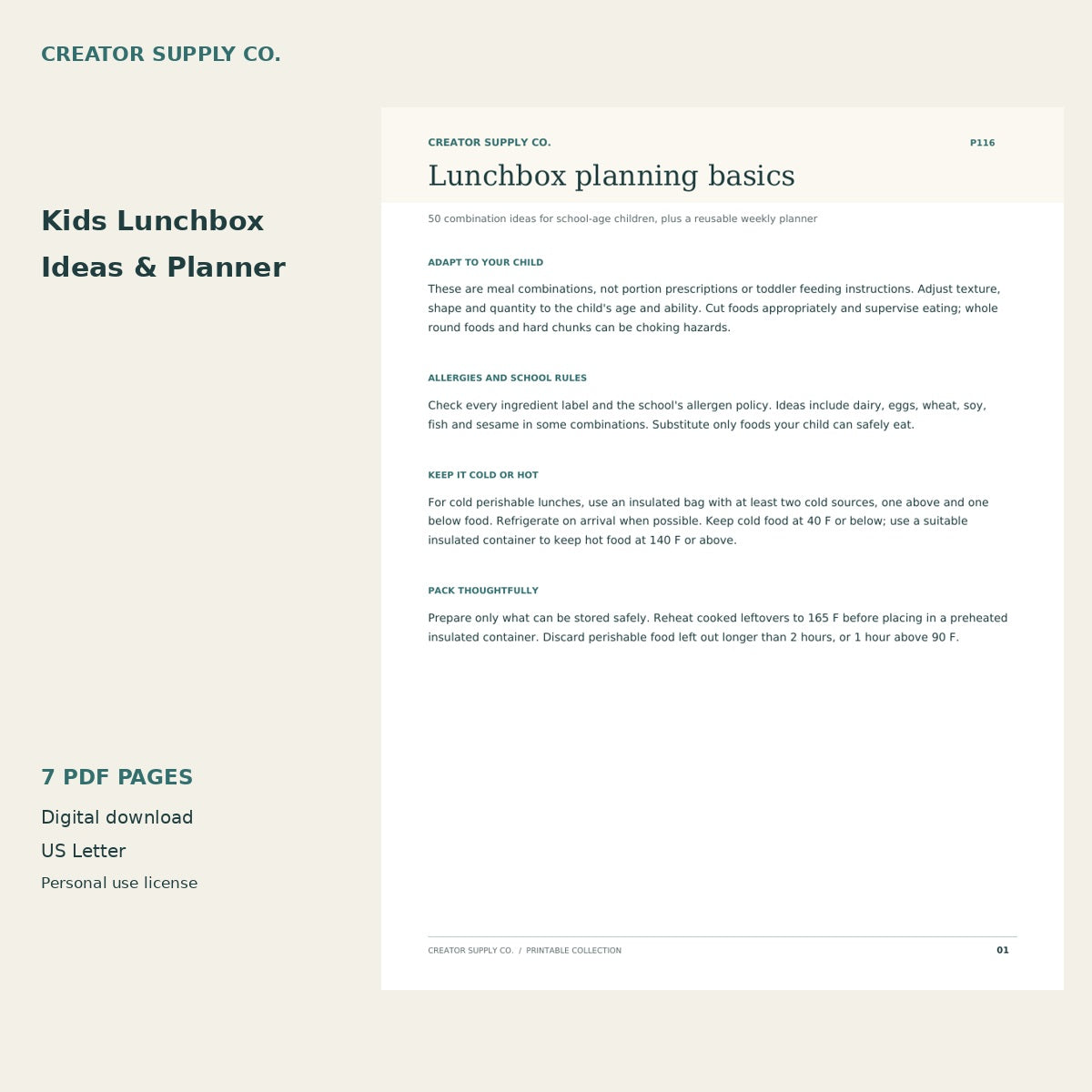 Kids Lunchbox Ideas & Planner – printable PDF pages preview
