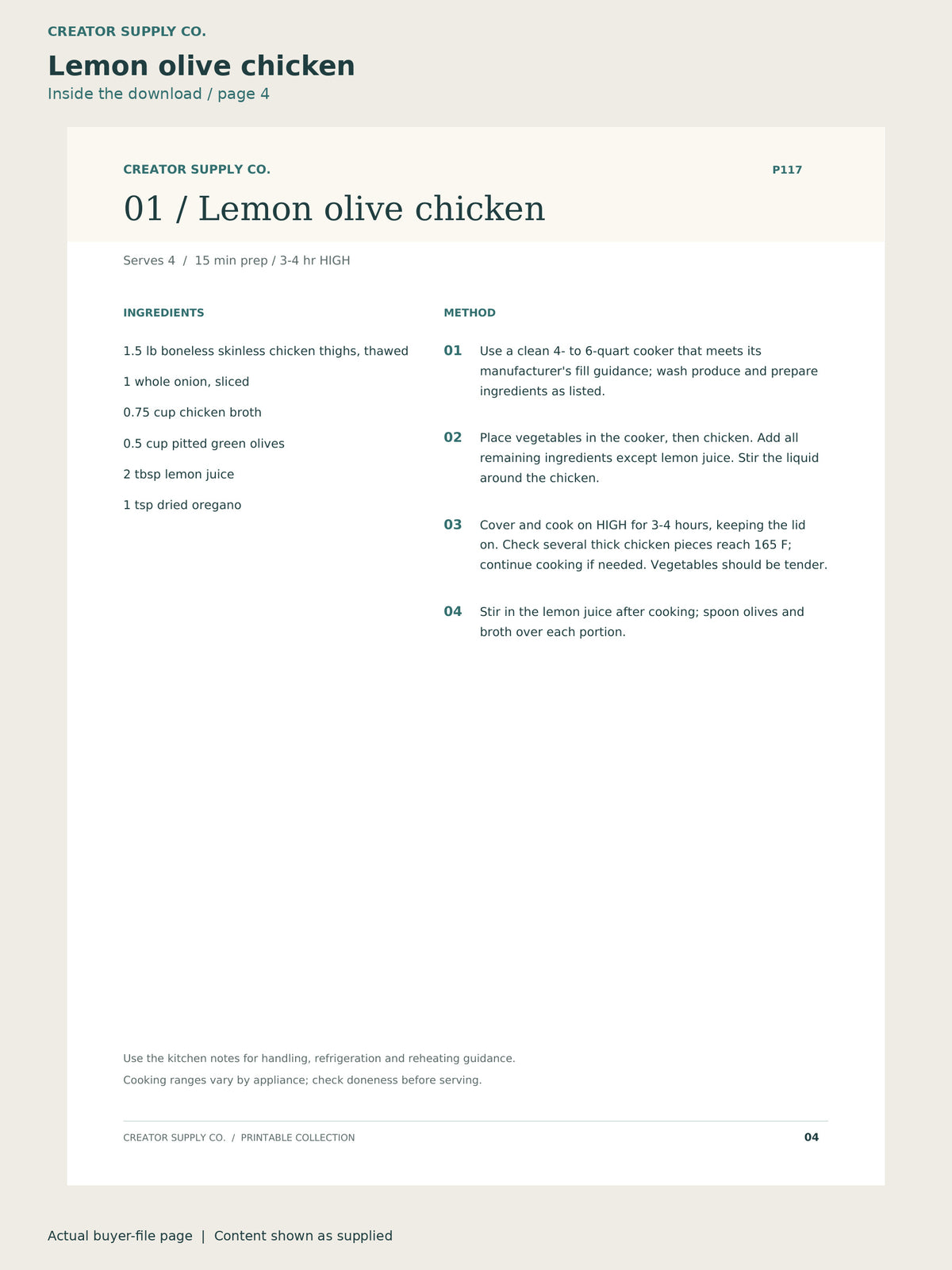 Page 4 from Slow Cooker Recipe Collection, showing Lemon olive chicken.