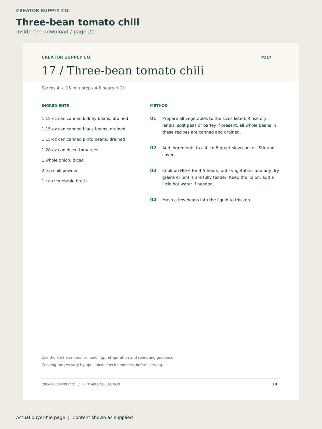 Page 20 from Slow Cooker Recipe Collection, showing Three-bean tomato chili.