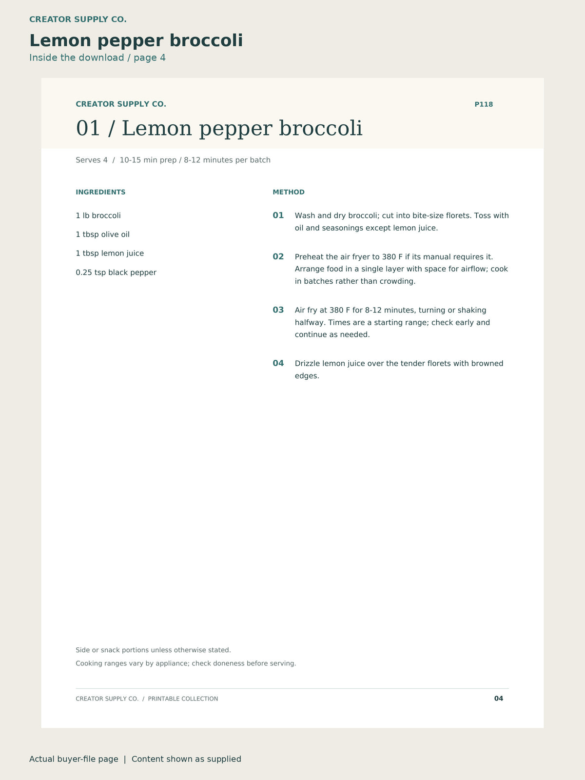 Page 4 from Air Fryer Recipe Collection, showing Lemon pepper broccoli.