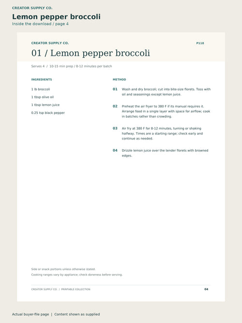 Page 4 from Air Fryer Recipe Collection, showing Lemon pepper broccoli.