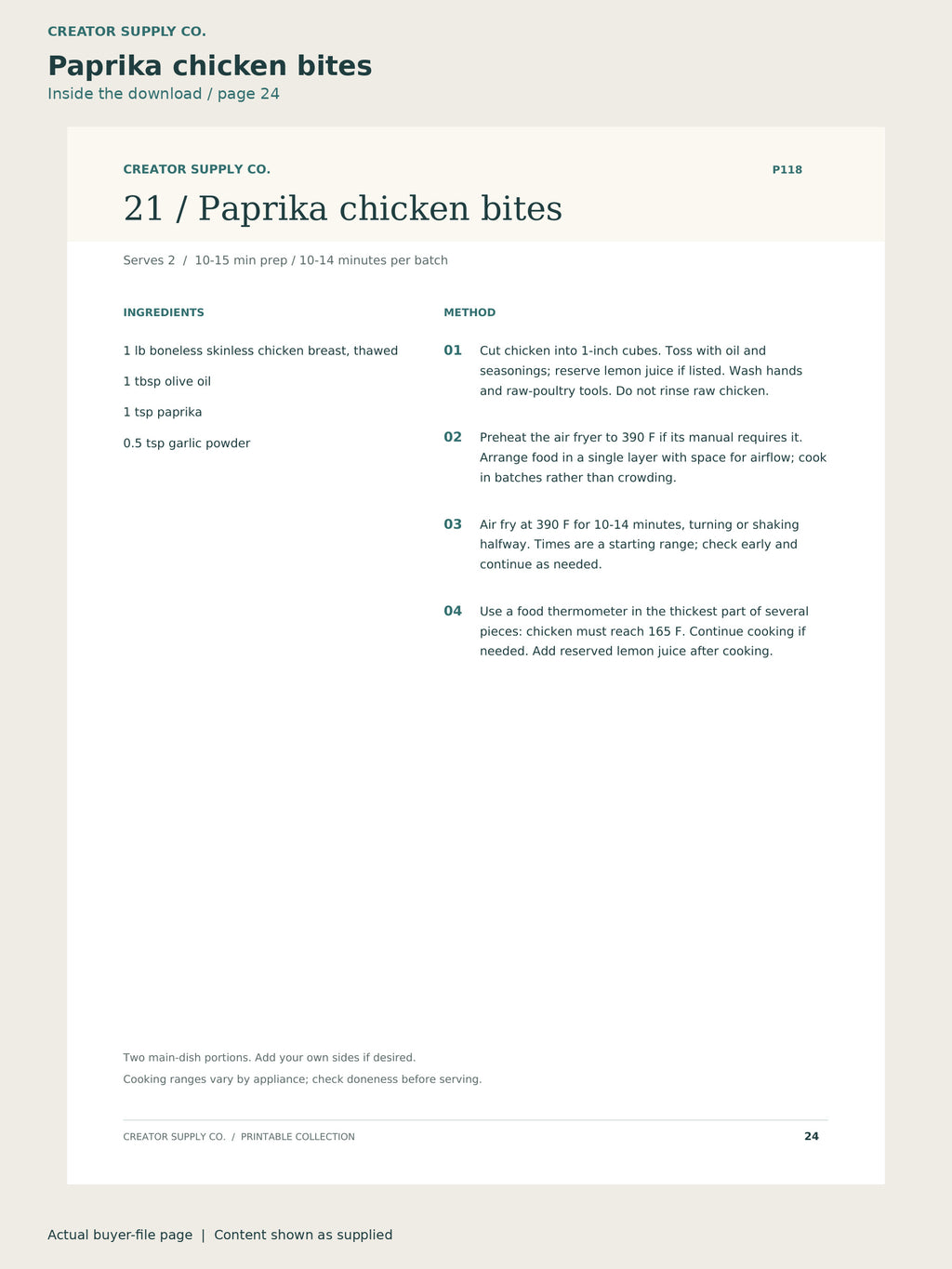 Page 24 from Air Fryer Recipe Collection, showing Paprika chicken bites.