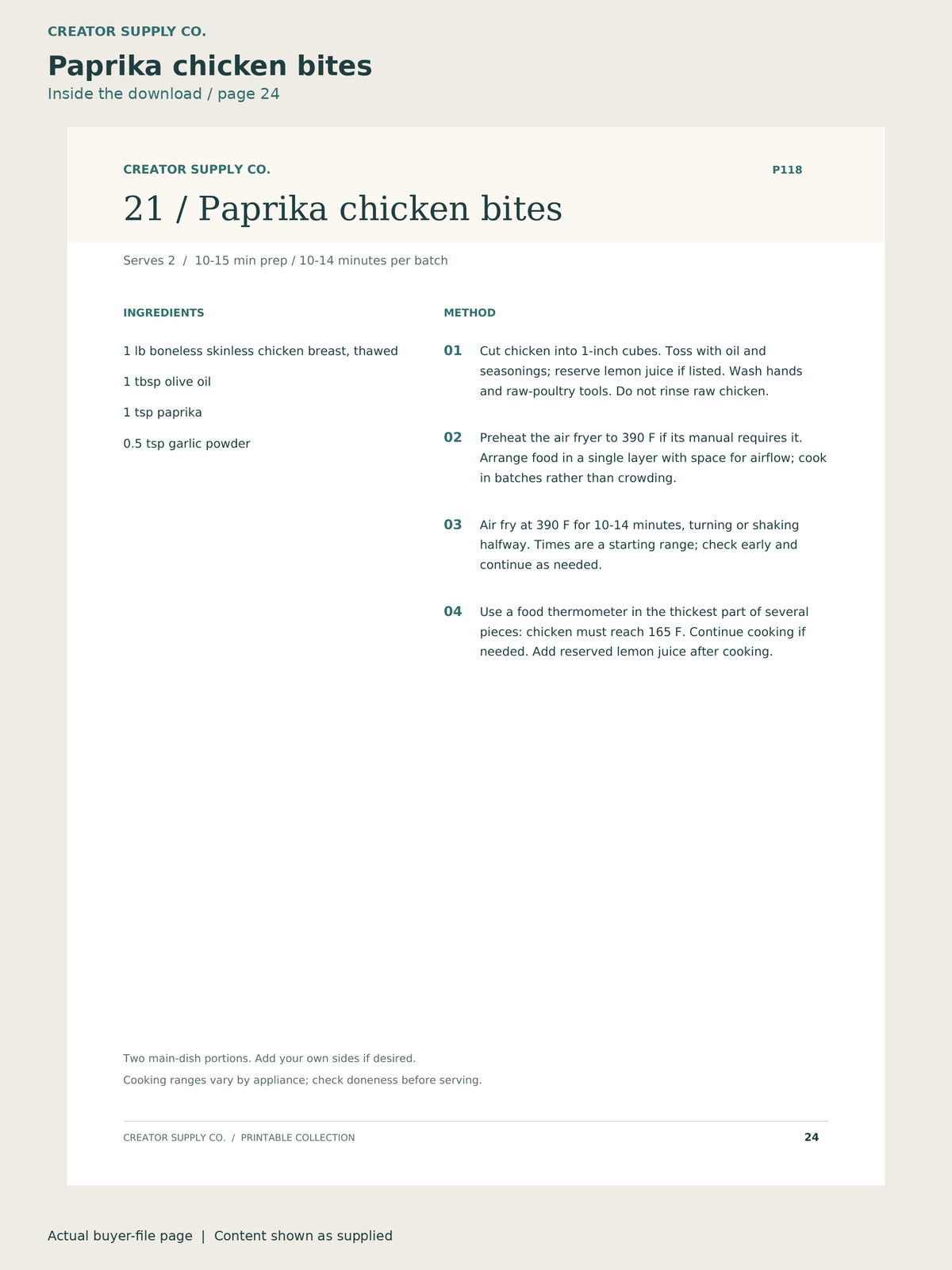 Page 24 from Air Fryer Recipe Collection, showing Paprika chicken bites.