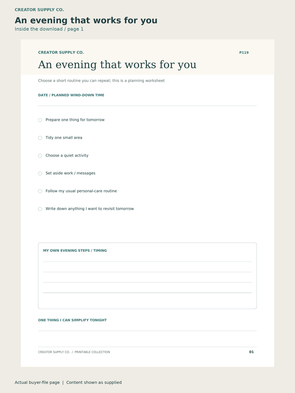 Page 1 from Sleep & Self-Care Routine Planner, showing An evening that works for you.
