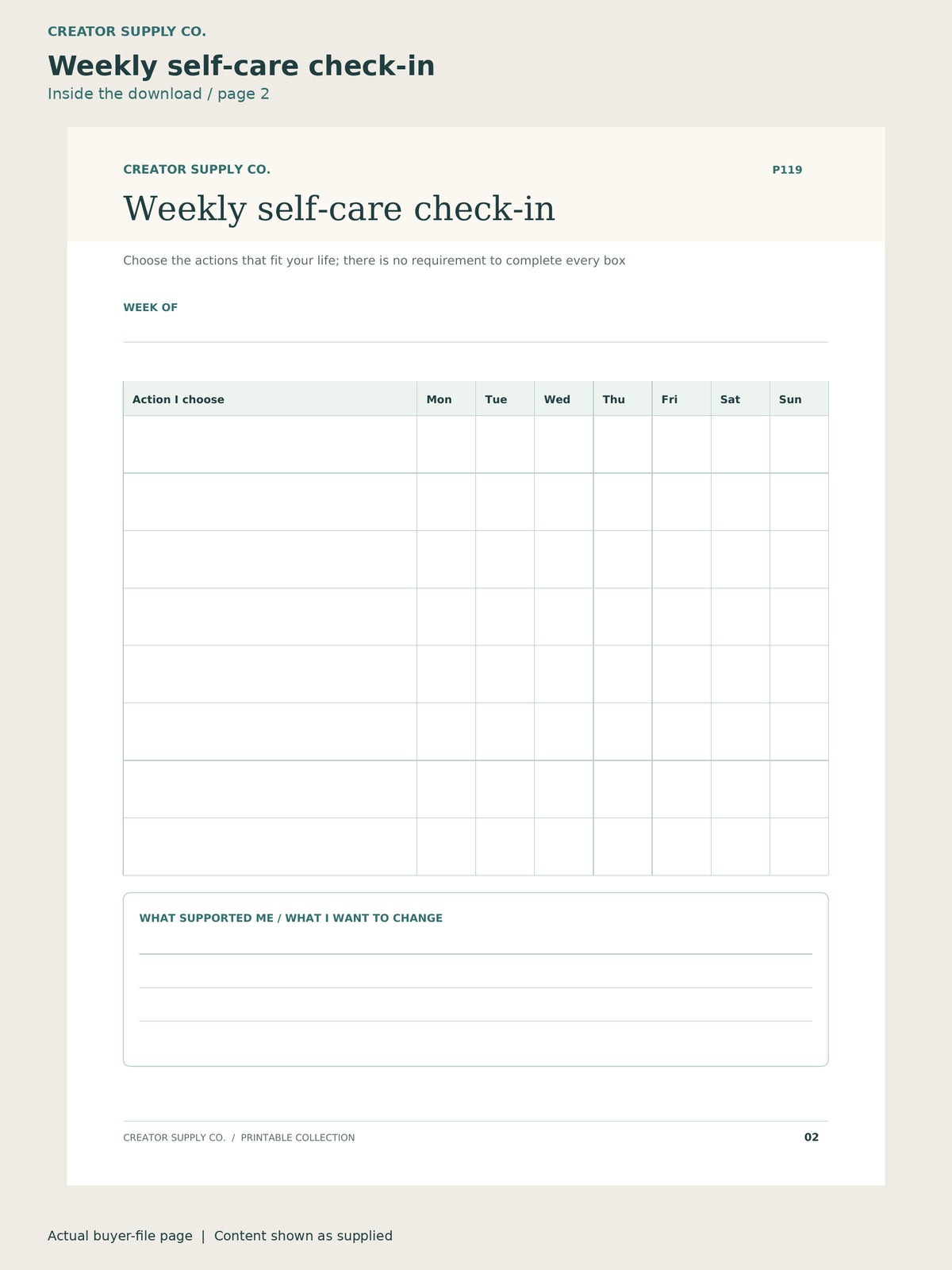 Page 2 from Sleep & Self-Care Routine Planner, showing Weekly self-care check-in.