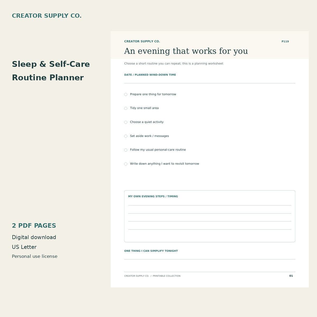Sleep & Self-Care Routine Planner – printable PDF pages preview
