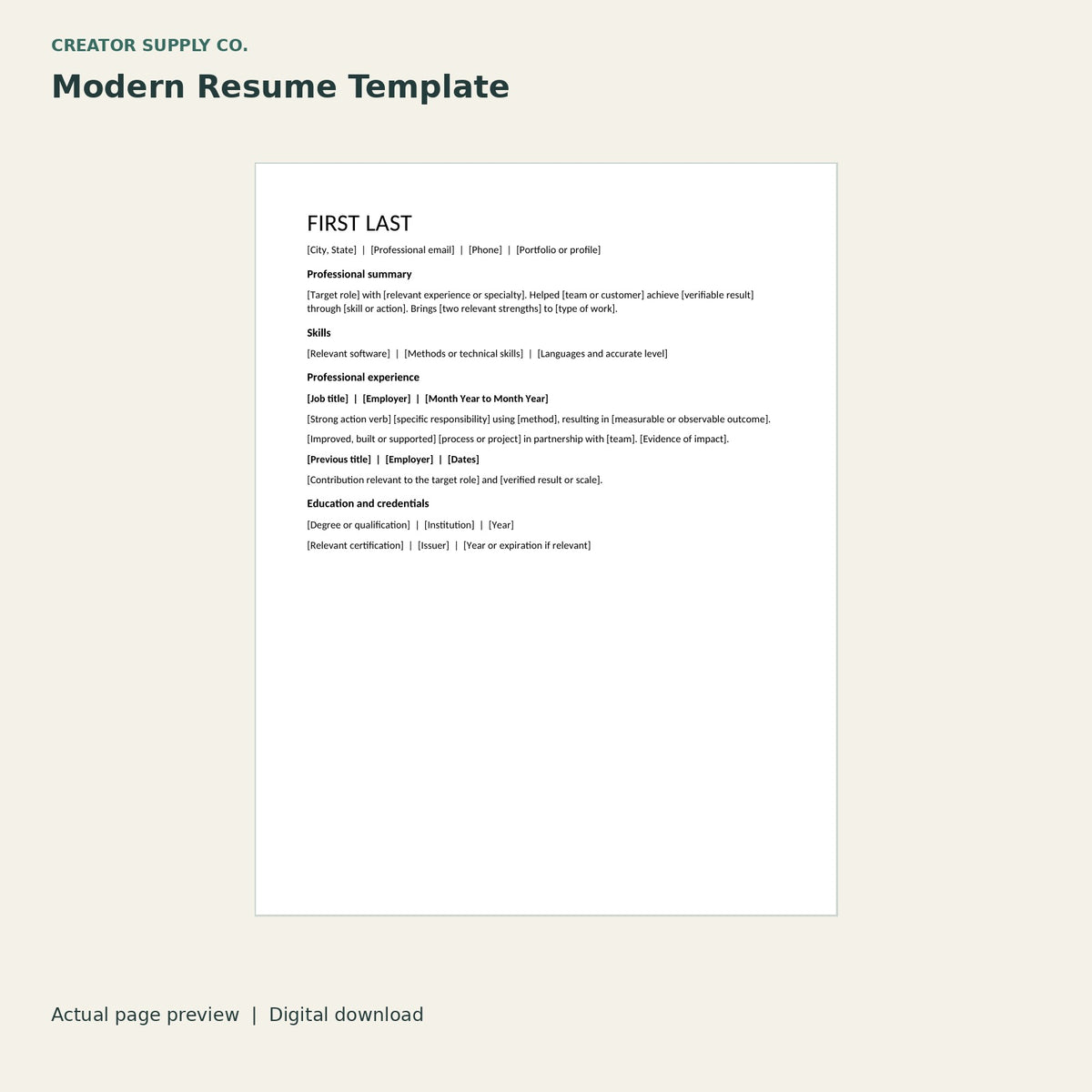 Modern Resume Template – printable PDF pages preview