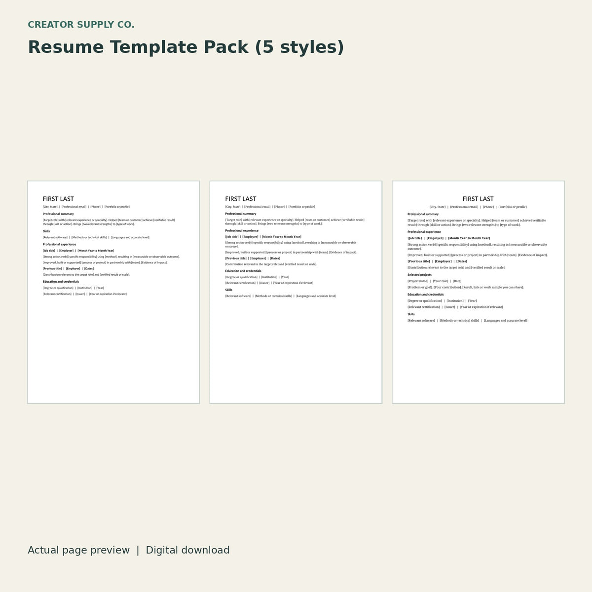 Resume Template Pack (5 styles) – printable PDF pages preview