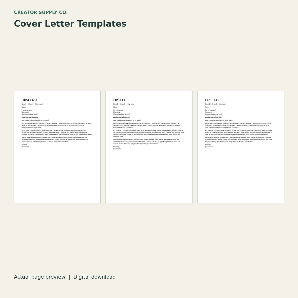 Cover Letter Templates – printable PDF pages preview