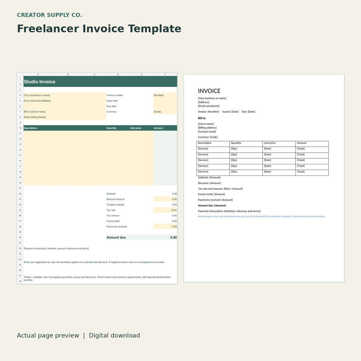 Freelancer Invoice Template – printable PDF pages preview