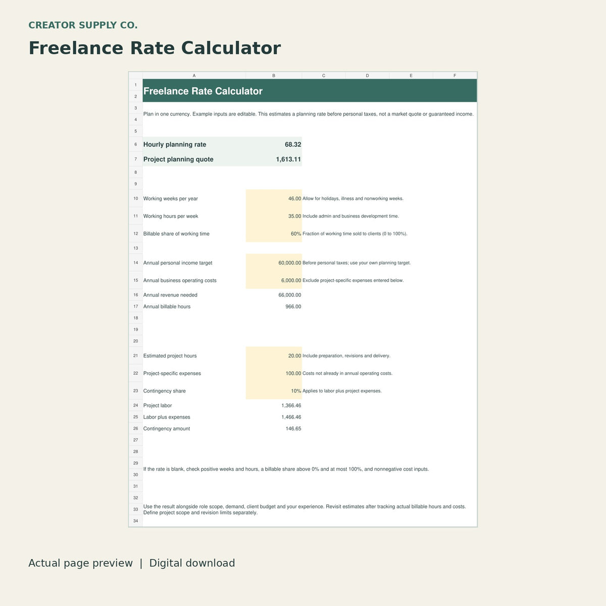 Freelance Rate Calculator – printable PDF pages preview