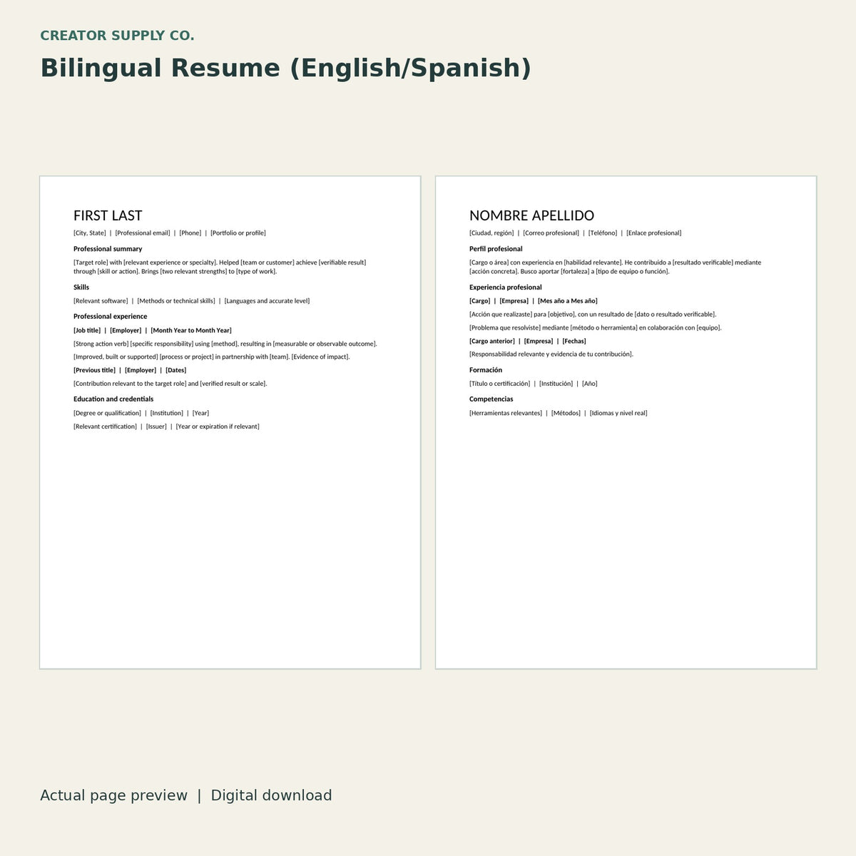 Bilingual Resume (English/Spanish) – printable PDF pages preview