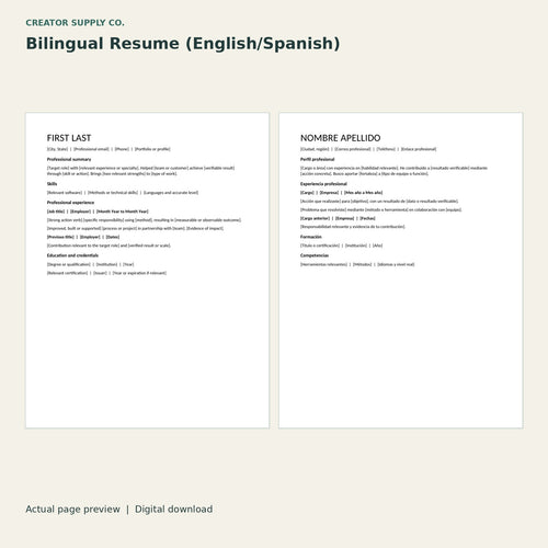 Bilingual Resume (English/Spanish) – printable PDF pages preview