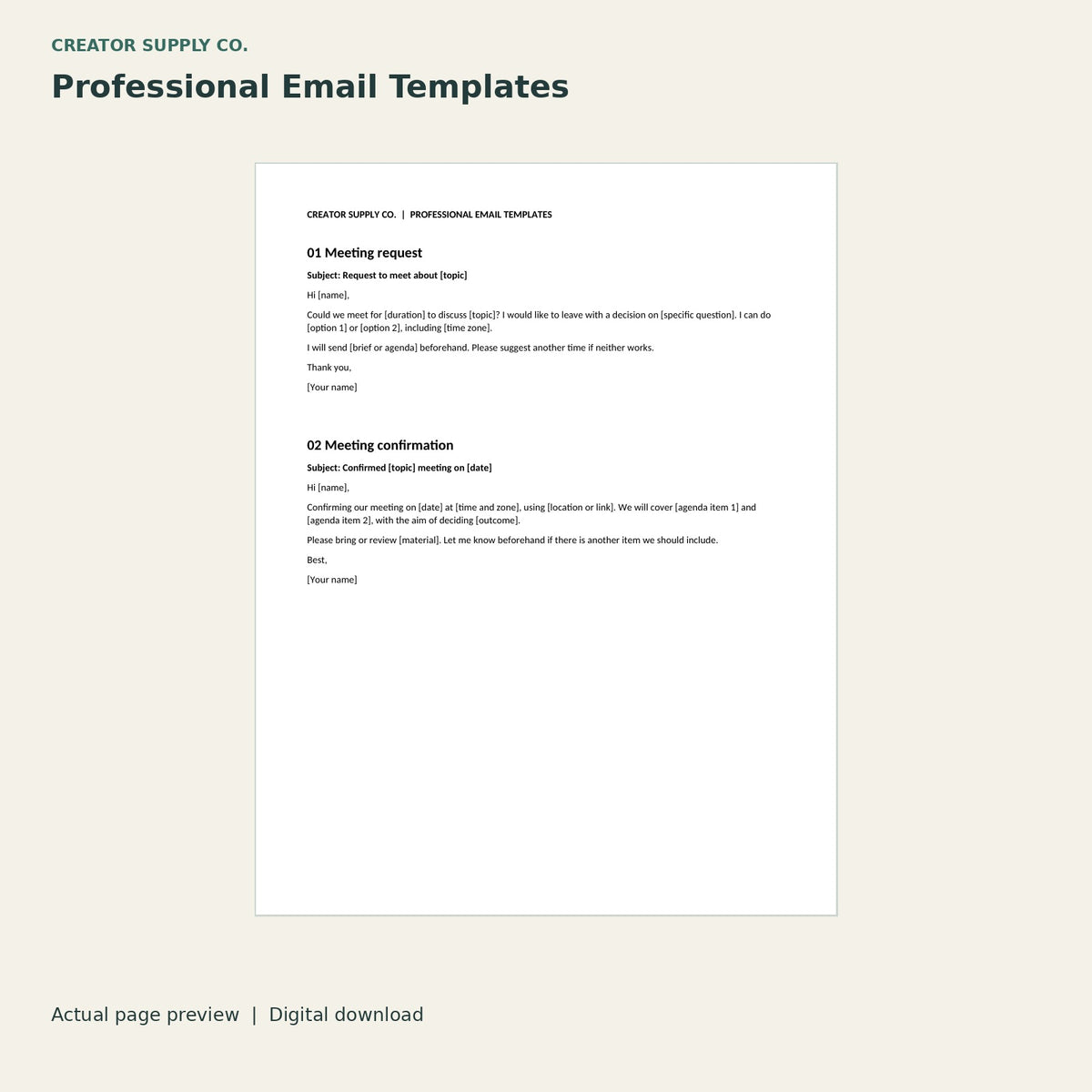 Professional Email Templates – printable PDF pages preview