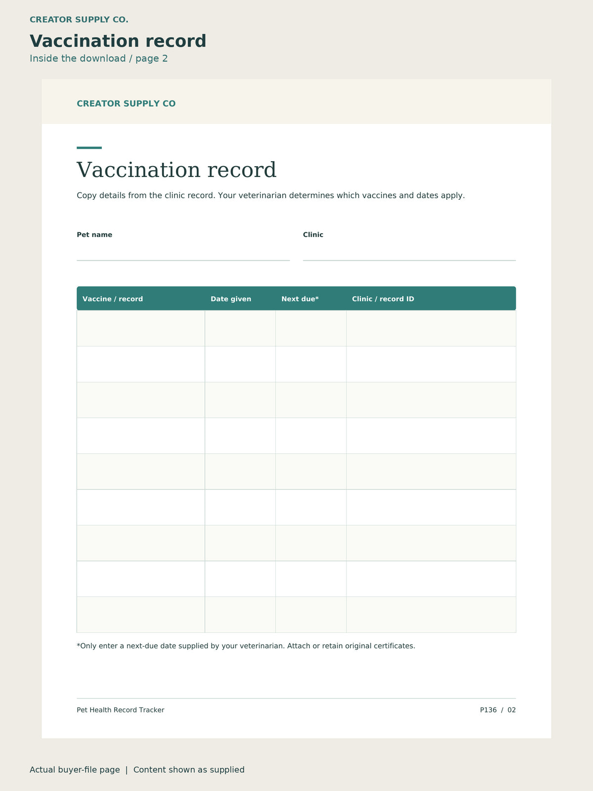 Page 2 from Pet Health Record Tracker, showing Vaccination record.