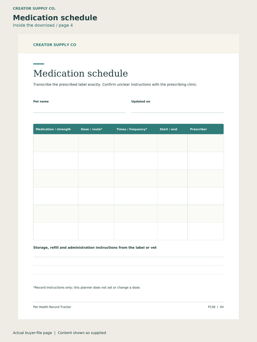 Page 4 from Pet Health Record Tracker, showing Medication schedule.