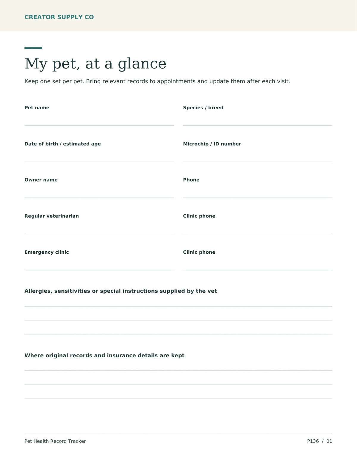 Pet Health Record Tracker – printable PDF pages preview