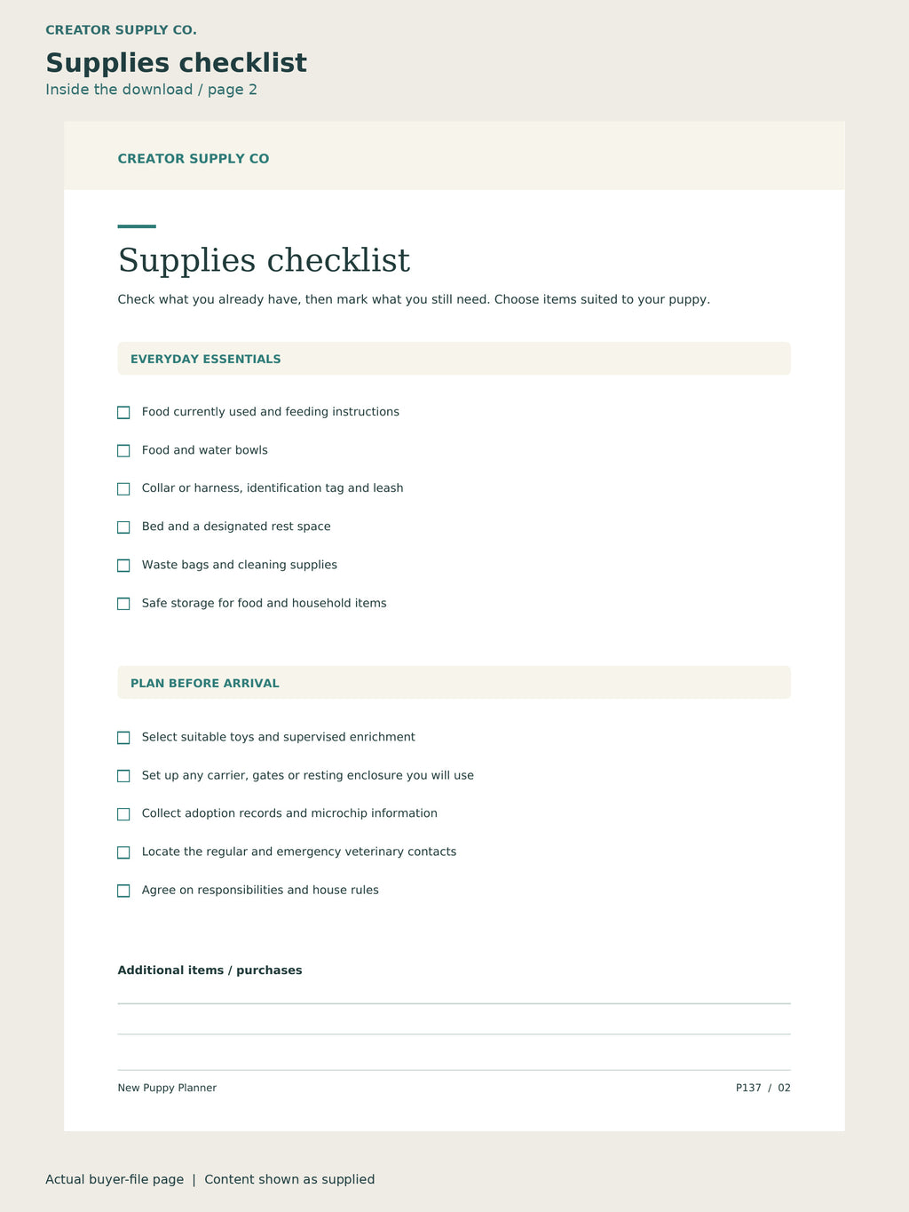 Page 2 from New Puppy Planner, showing Supplies checklist.