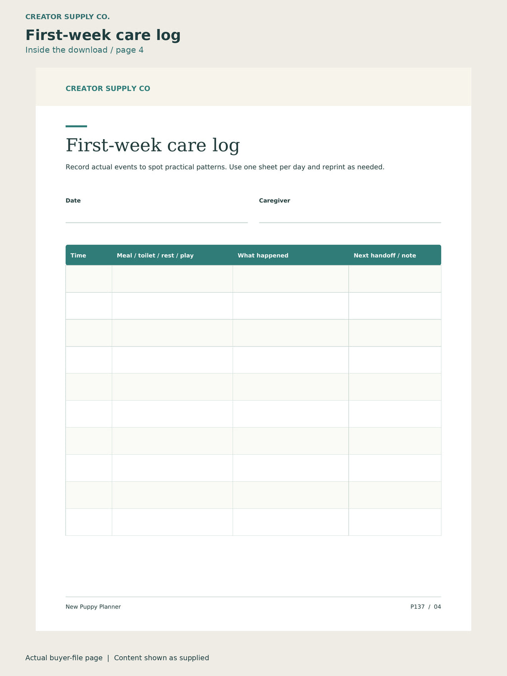 Page 4 from New Puppy Planner, showing First-week care log.