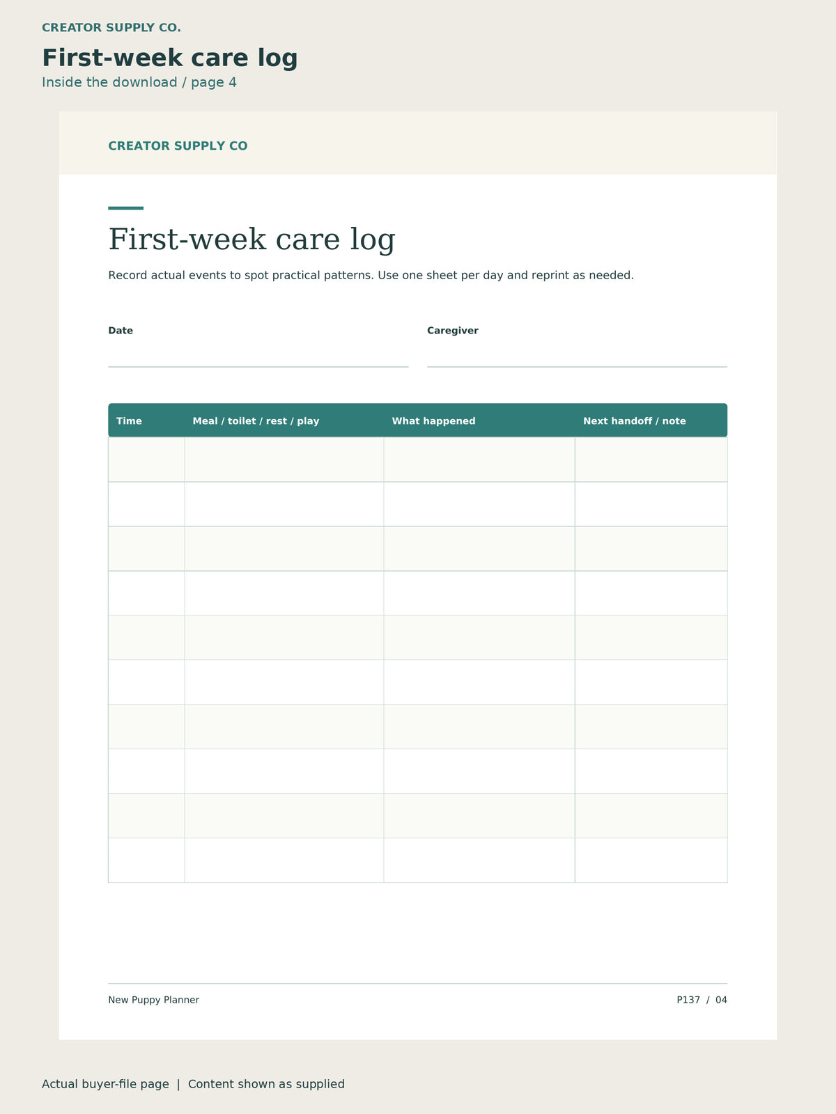Page 4 from New Puppy Planner, showing First-week care log.