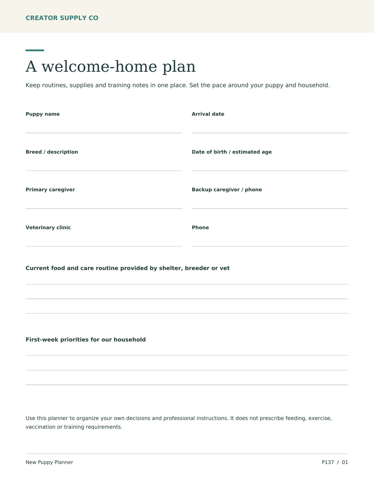 New Puppy Planner – printable PDF pages preview