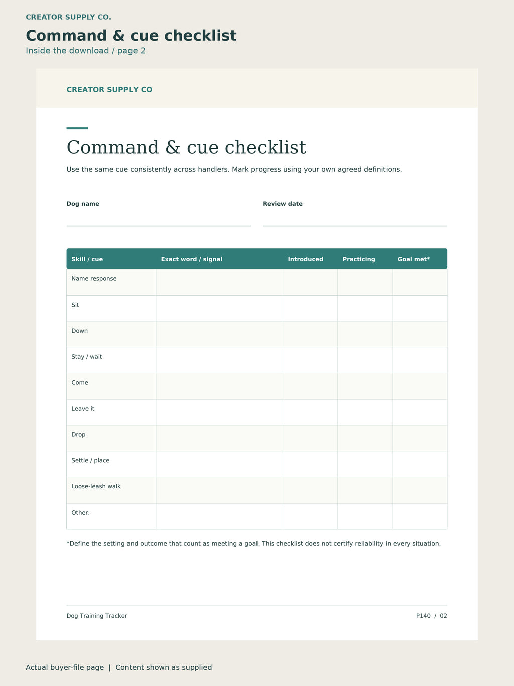 Page 2 from Dog Training Tracker, showing Command & cue checklist.