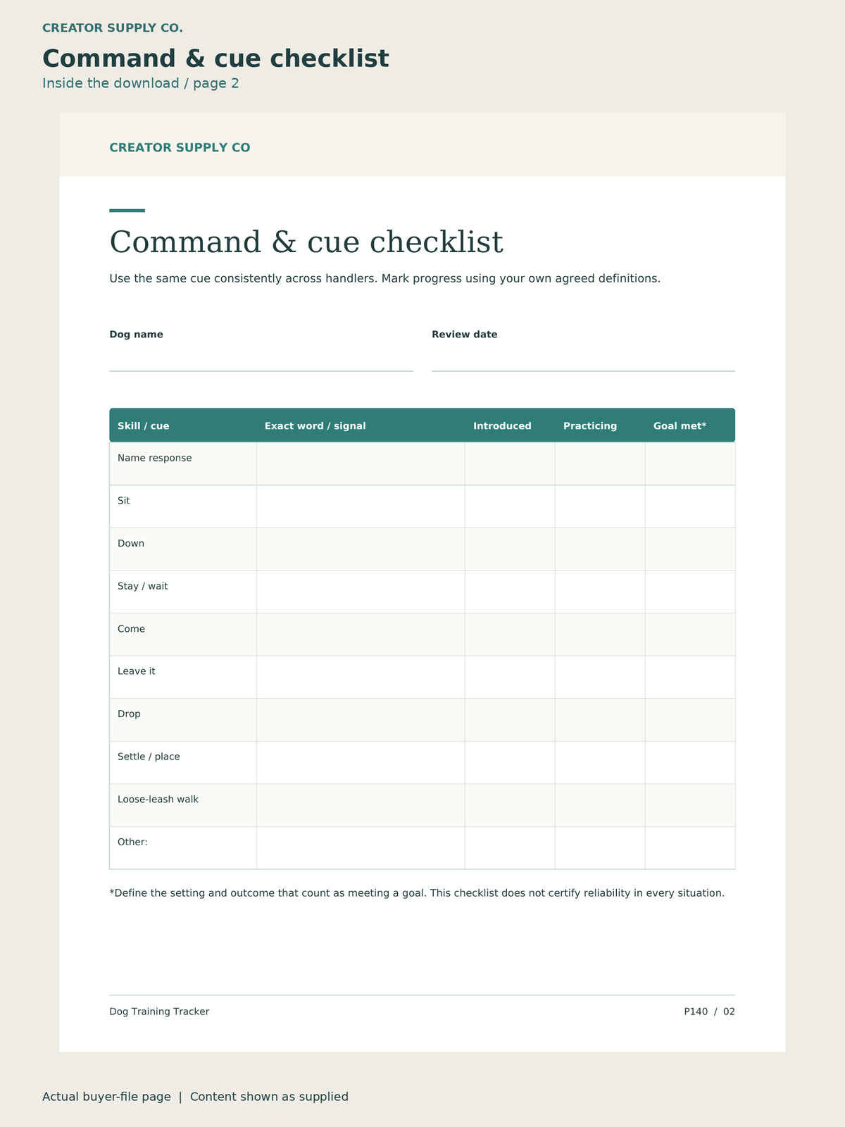 Page 2 from Dog Training Tracker, showing Command & cue checklist.