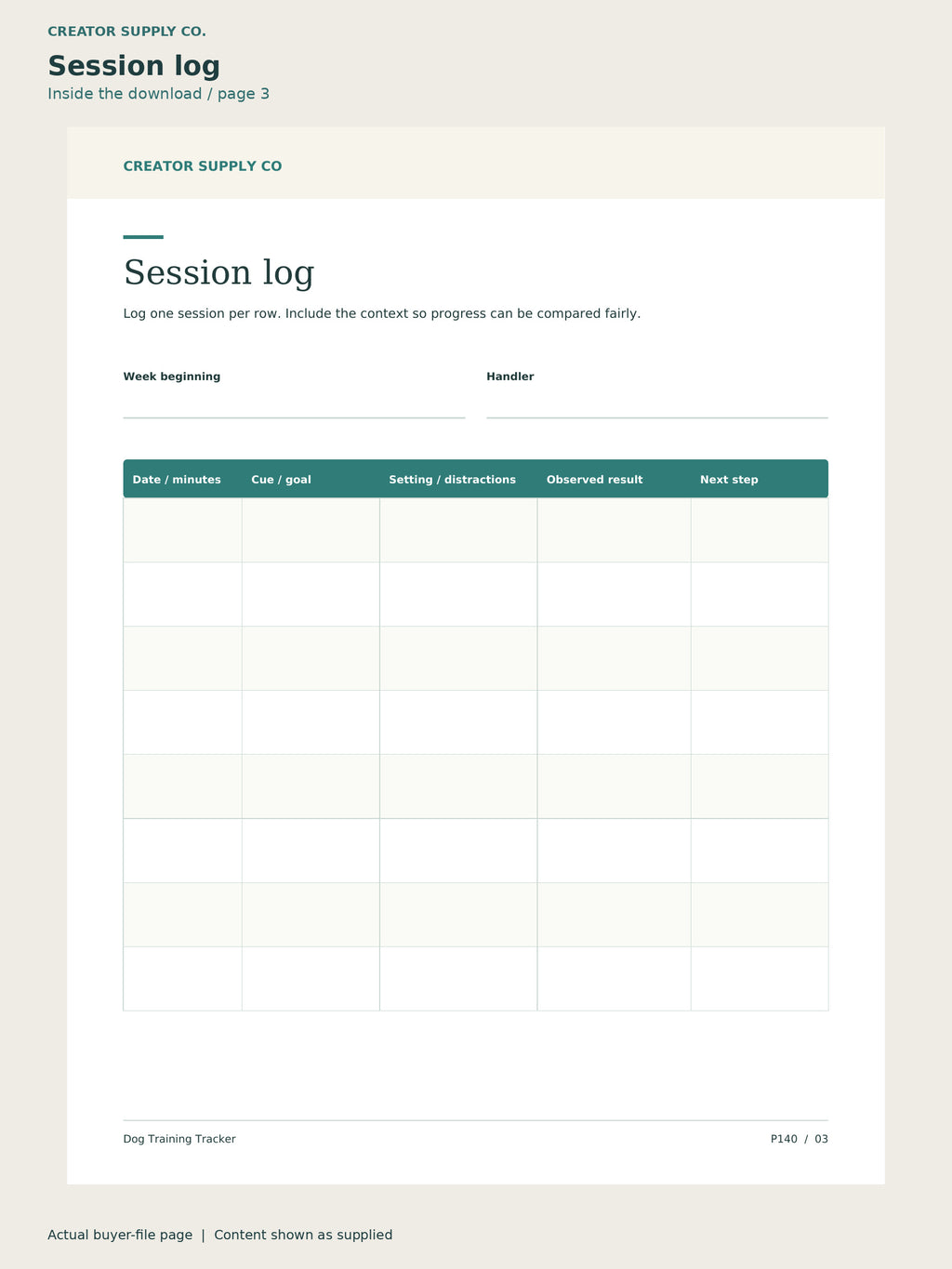 Page 3 from Dog Training Tracker, showing Session log.
