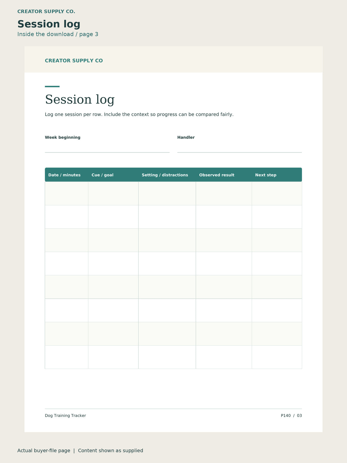 Page 3 from Dog Training Tracker, showing Session log.