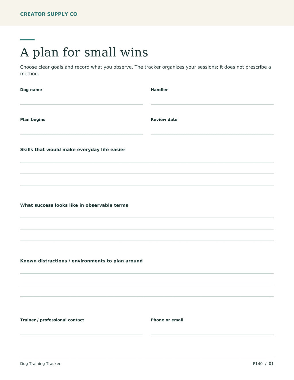 Dog Training Tracker – printable PDF pages preview