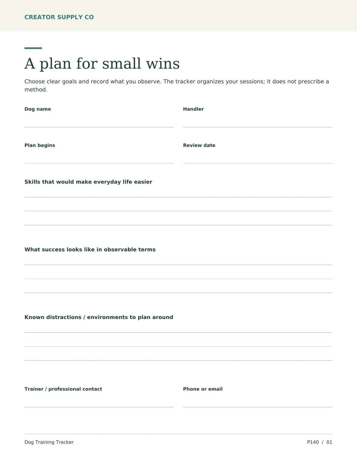 Dog Training Tracker – printable PDF pages preview