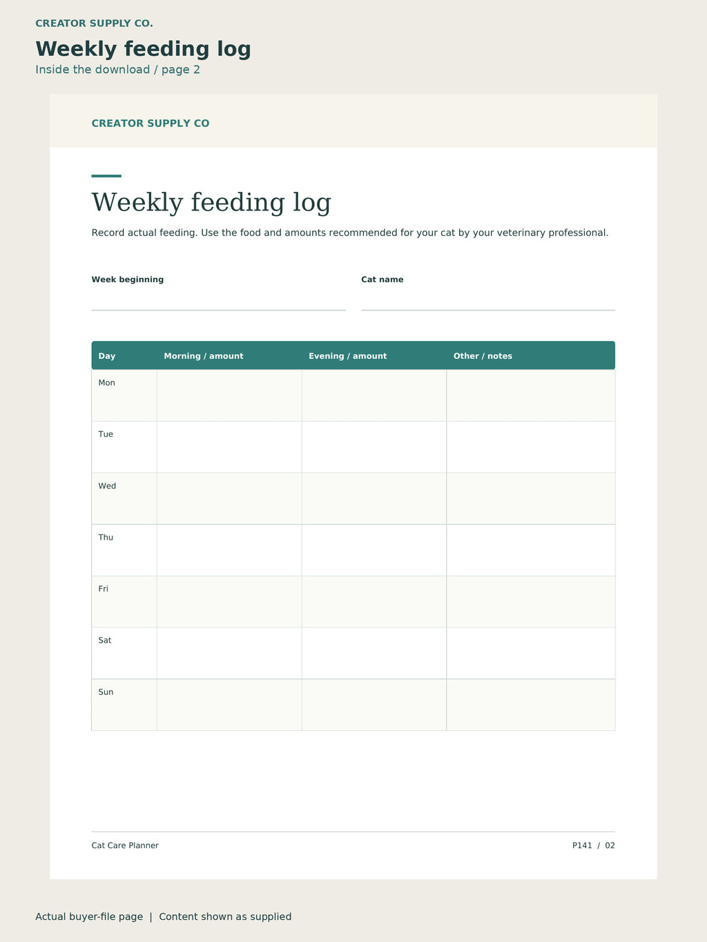 Page 2 from Cat Care Planner, showing Weekly feeding log.