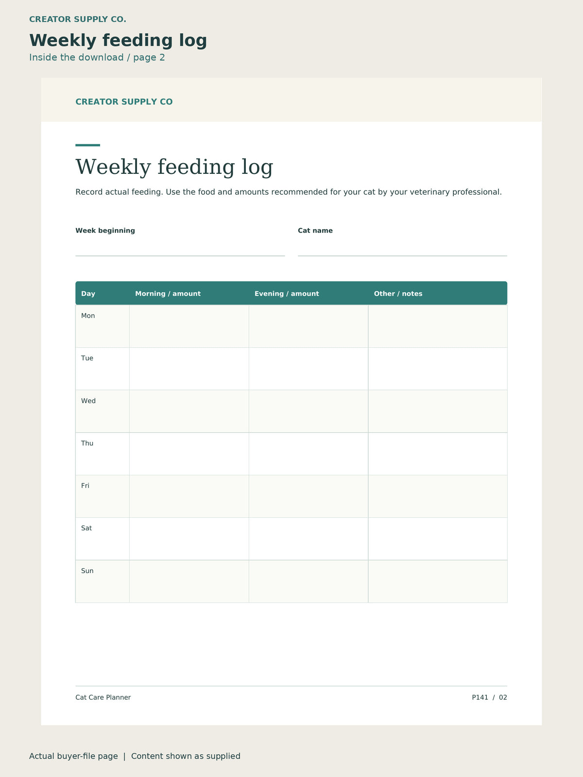 Page 2 from Cat Care Planner, showing Weekly feeding log.