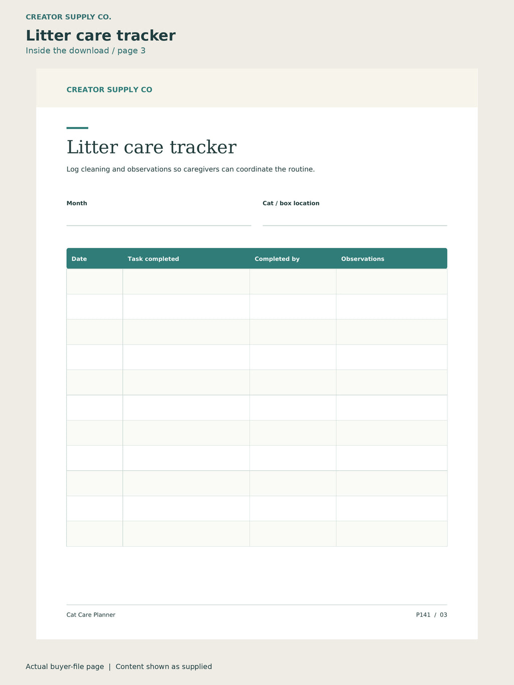 Page 3 from Cat Care Planner, showing Litter care tracker.