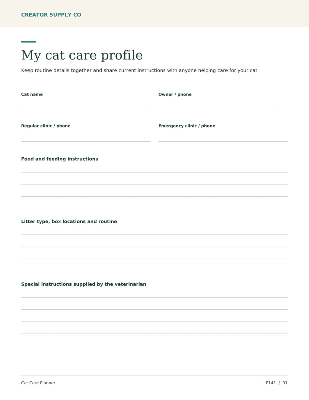 Cat Care Planner – printable PDF pages preview