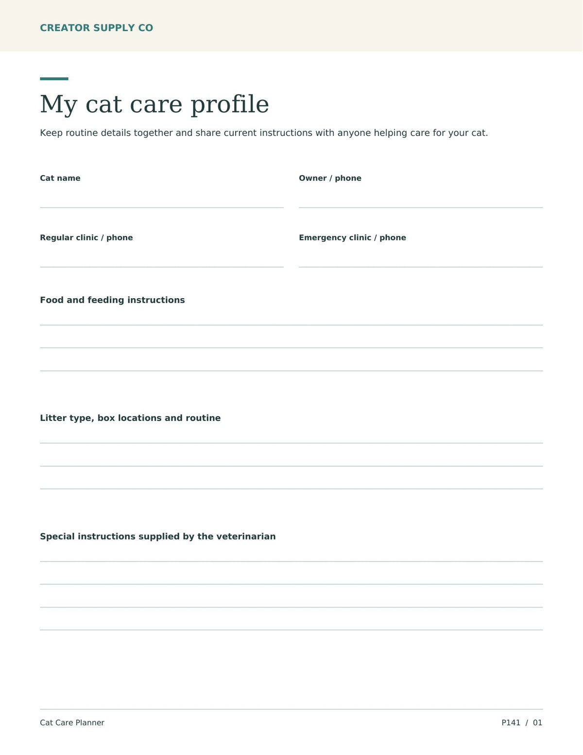 Cat Care Planner – printable PDF pages preview