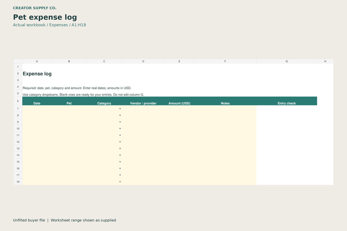 Expenses worksheet from Pet Expense Tracker, showing A1:H18. First 12 blank entry rows