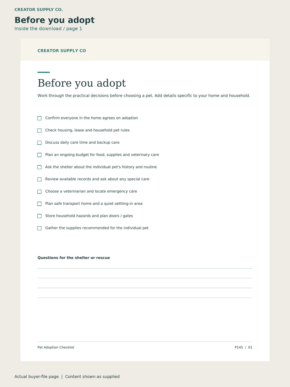 Page 1 from Pet Adoption Checklist, showing Before you adopt.