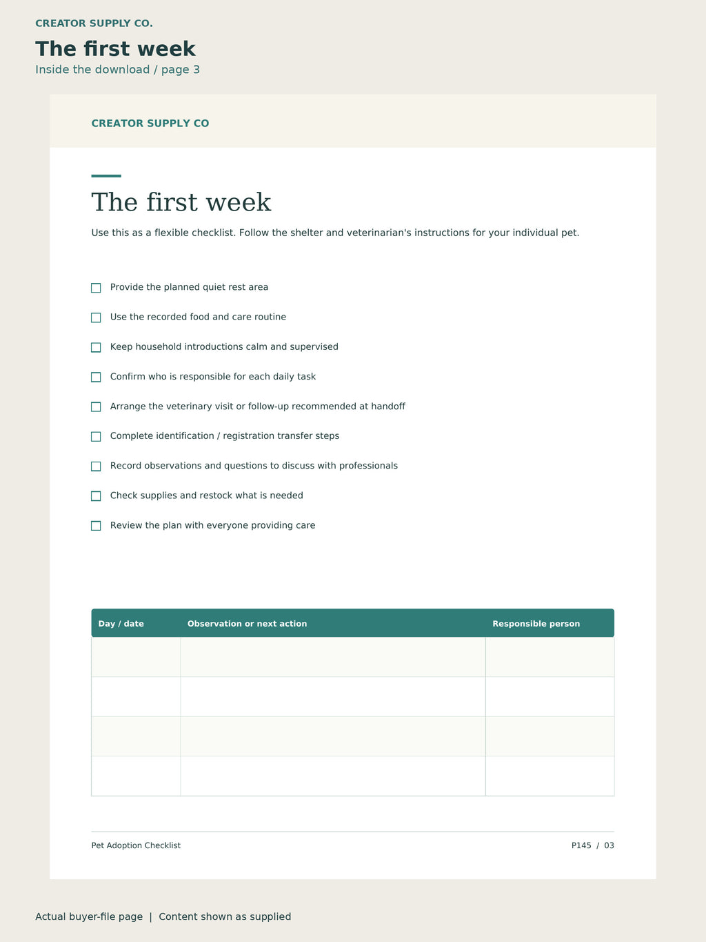 Page 3 from Pet Adoption Checklist, showing The first week.