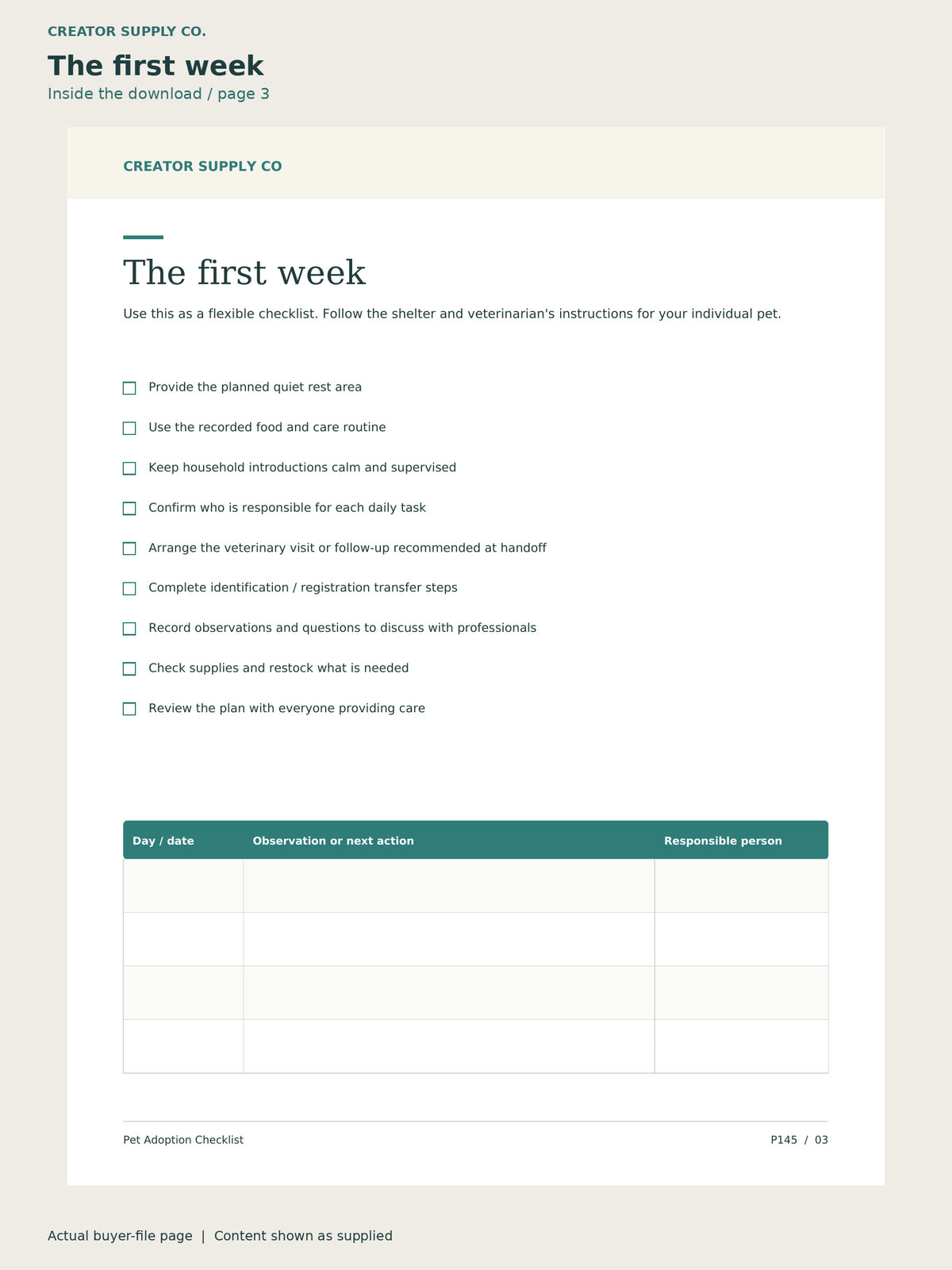 Page 3 from Pet Adoption Checklist, showing The first week.